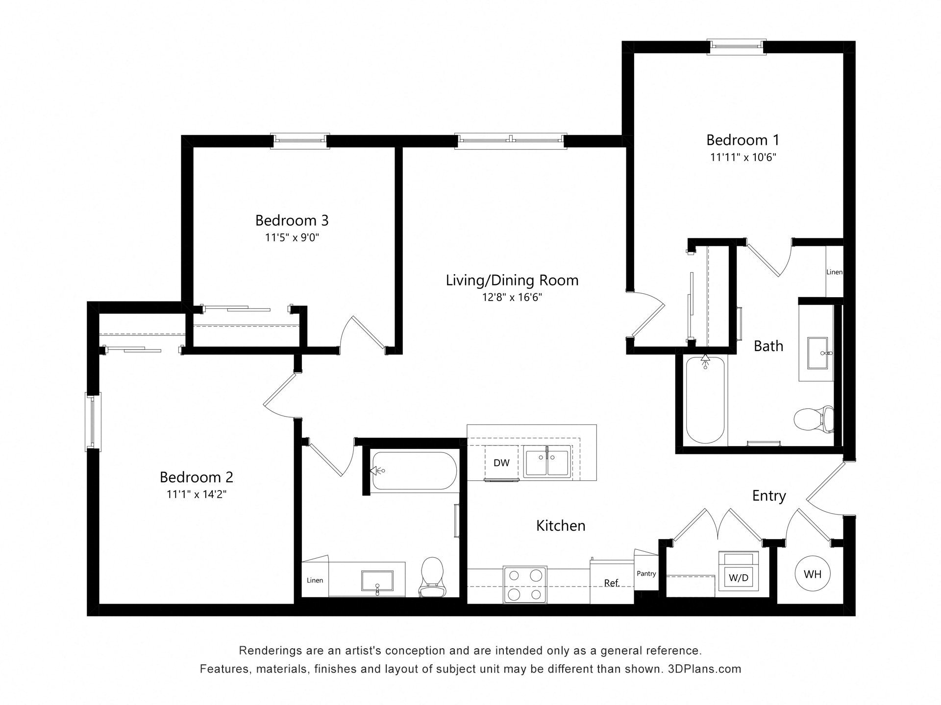 Floor plan for 3 beds, 2 baths, 1166 sqft